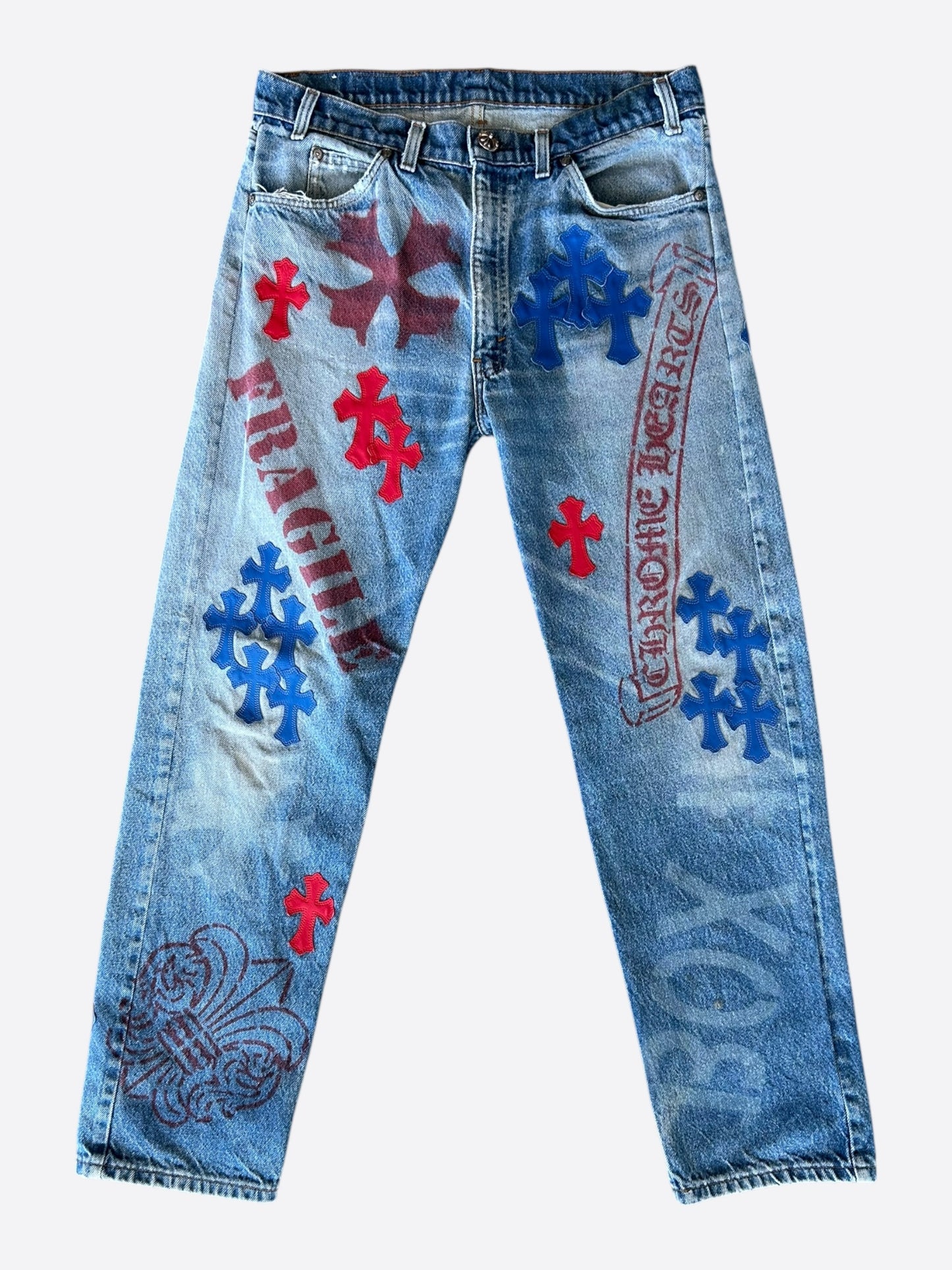 Chrome Hearts Levi's Blue & Red Cross Patch Stencil Jeans
