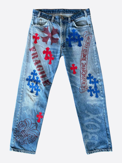 Chrome Hearts Levi's Blue & Red Cross Patch Stencil Jeans