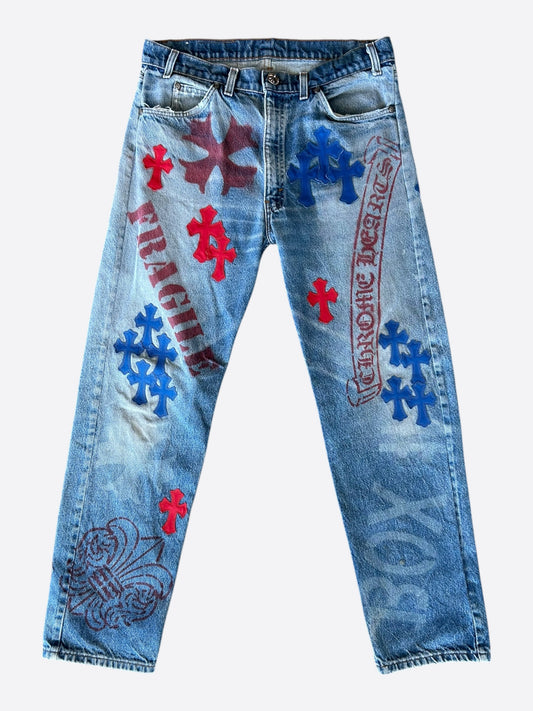 Chrome Hearts Levi's Blue & Red Cross Patch Stencil Jeans