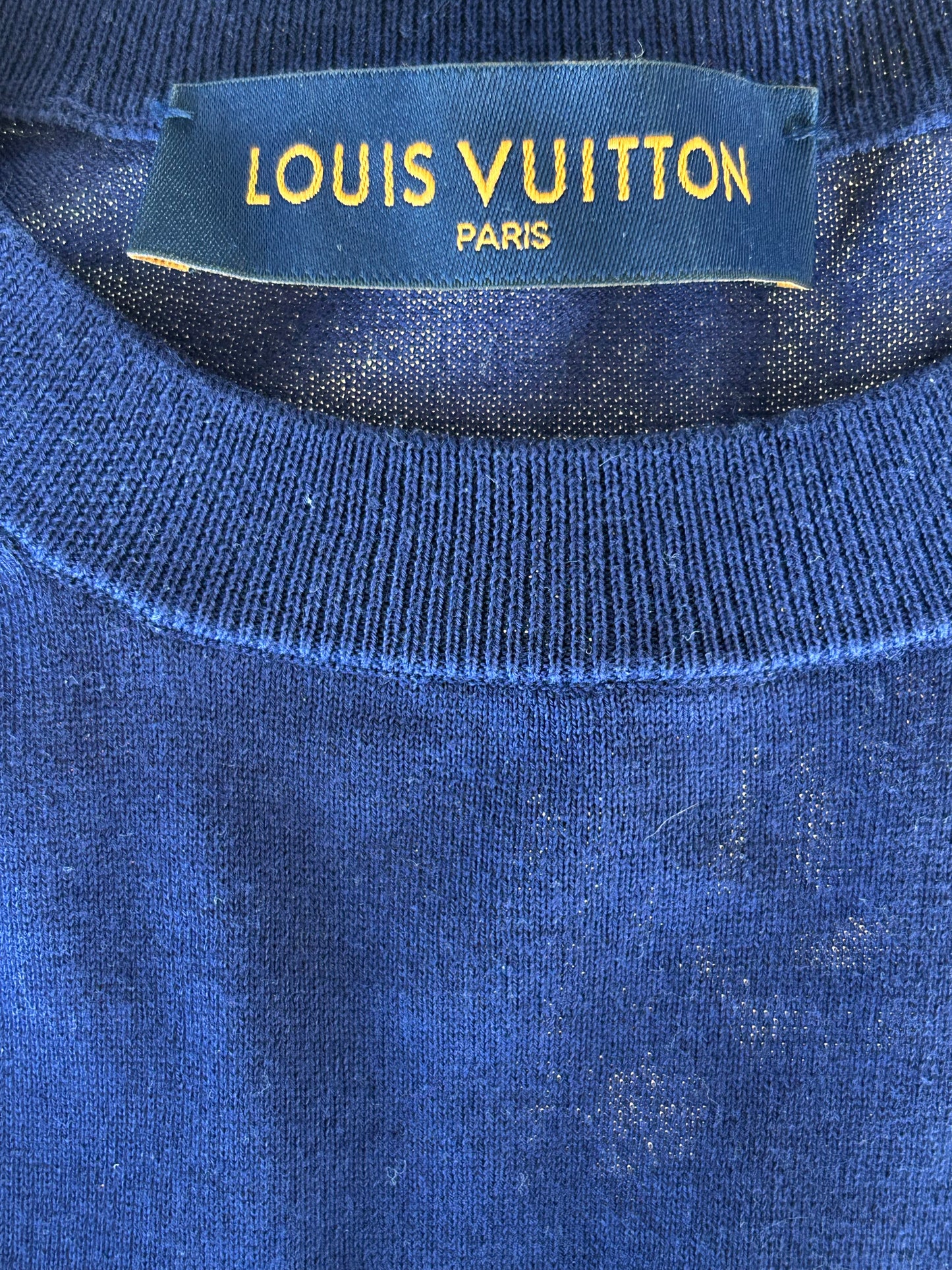 Louis Vuitton Blue & White Script Logo Intarsia T-Shirt