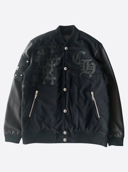 Chrome Hearts Black Leather Cross Patch Bomber Jacket