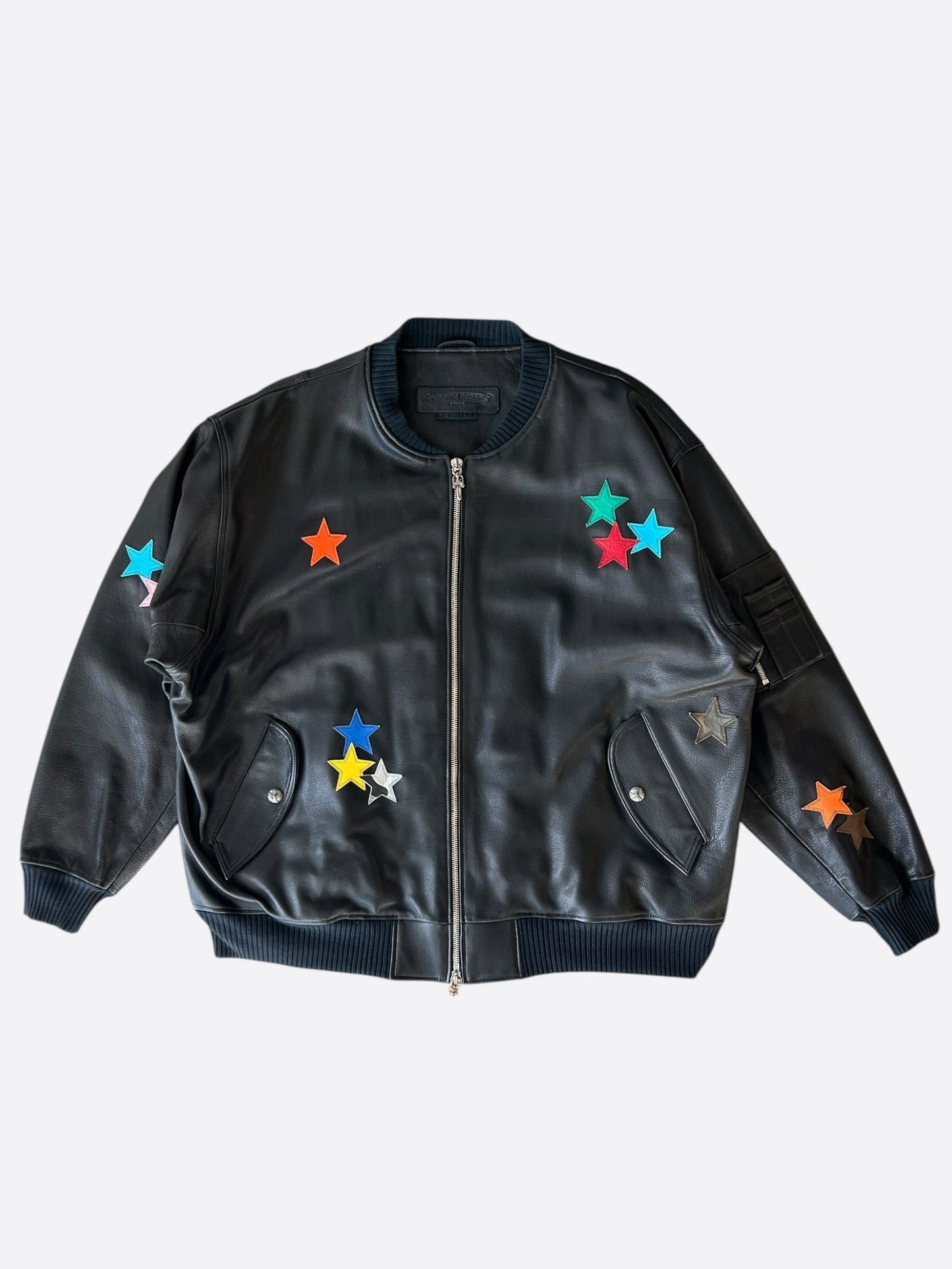 Chrome Hearts Black & Multicolor Star Patch Leather Bomber Jacket