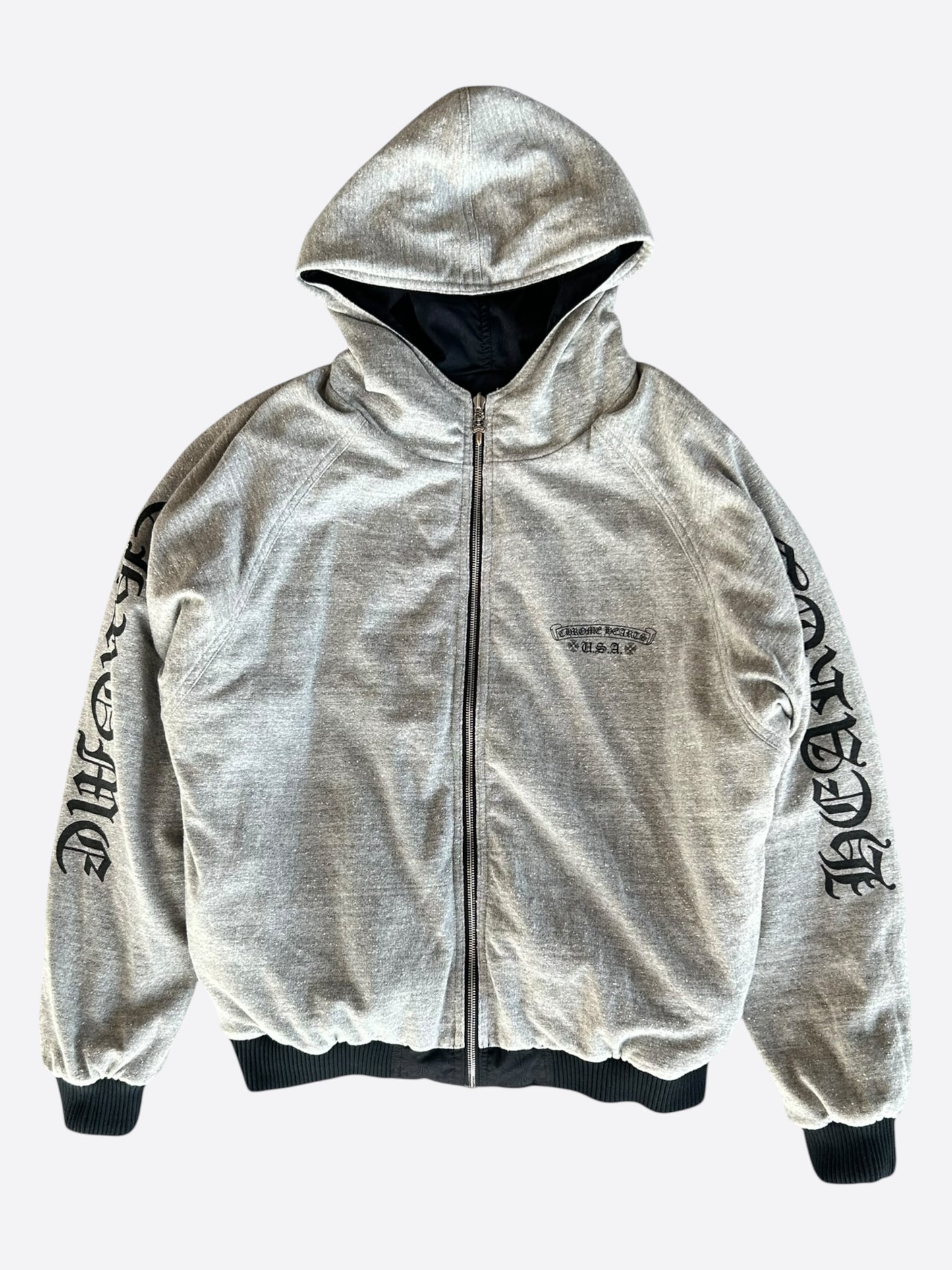 Chrome Hearts Black & Grey Reversible Hooded Bomber Jacket