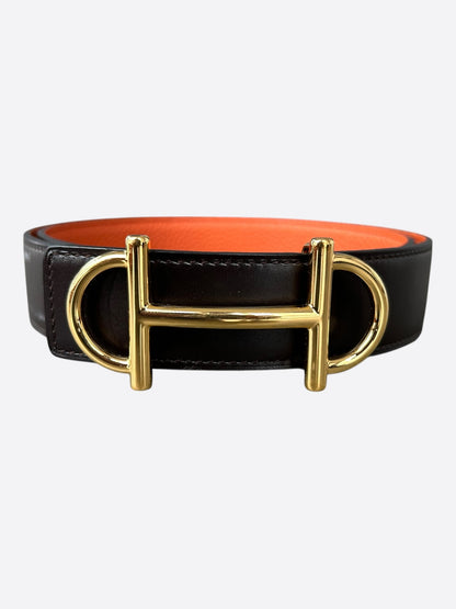 Hermes Black & Orange Gold Gamma Reversible Belt