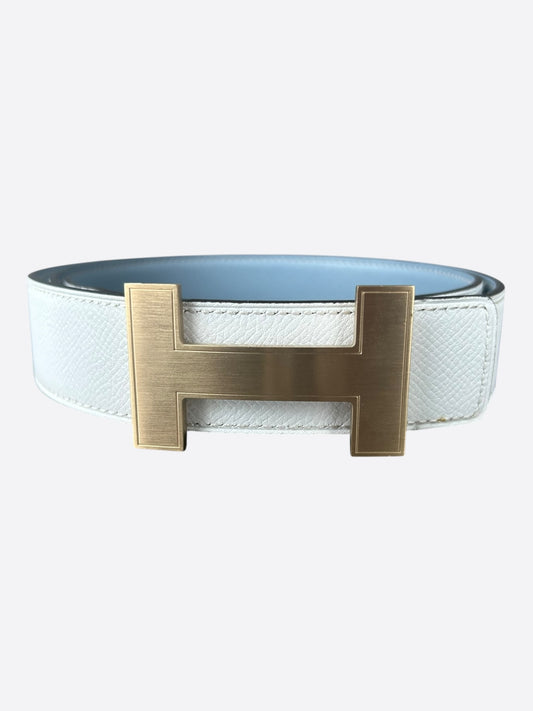 Hermes White & Light Blue Palladium Constance Reversible Belt