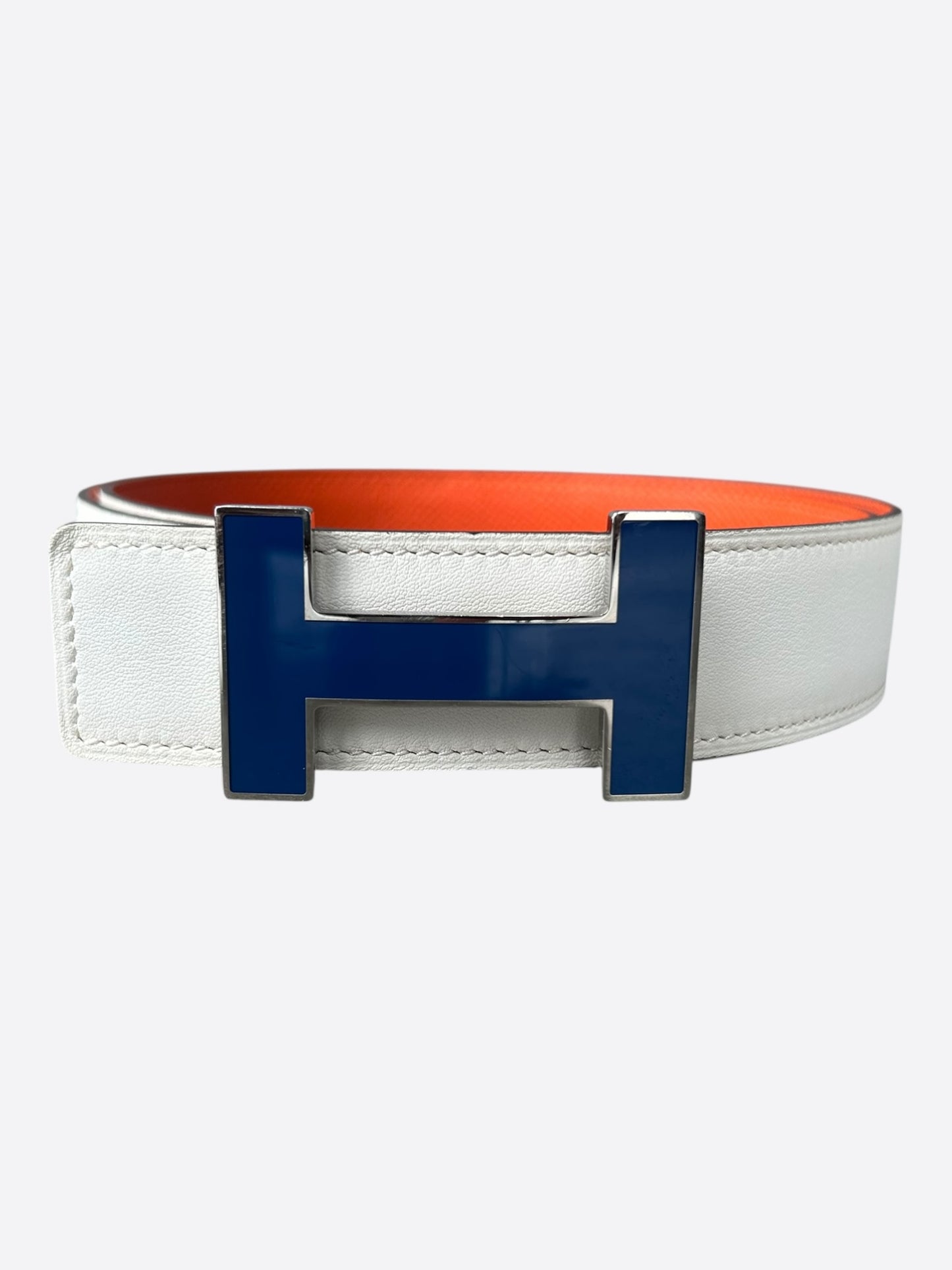 Hermes White & Orange Palladium Constance Reversible Enamel Belt