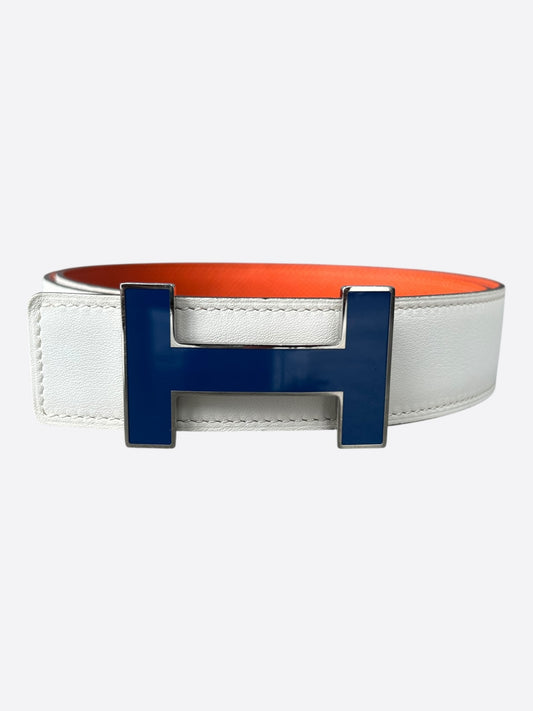 Hermes White & Orange Palladium Constance Reversible Enamel Belt