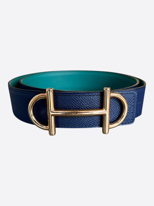 Hermes Blue & Turquoise Gold Gamma Reversible Belt