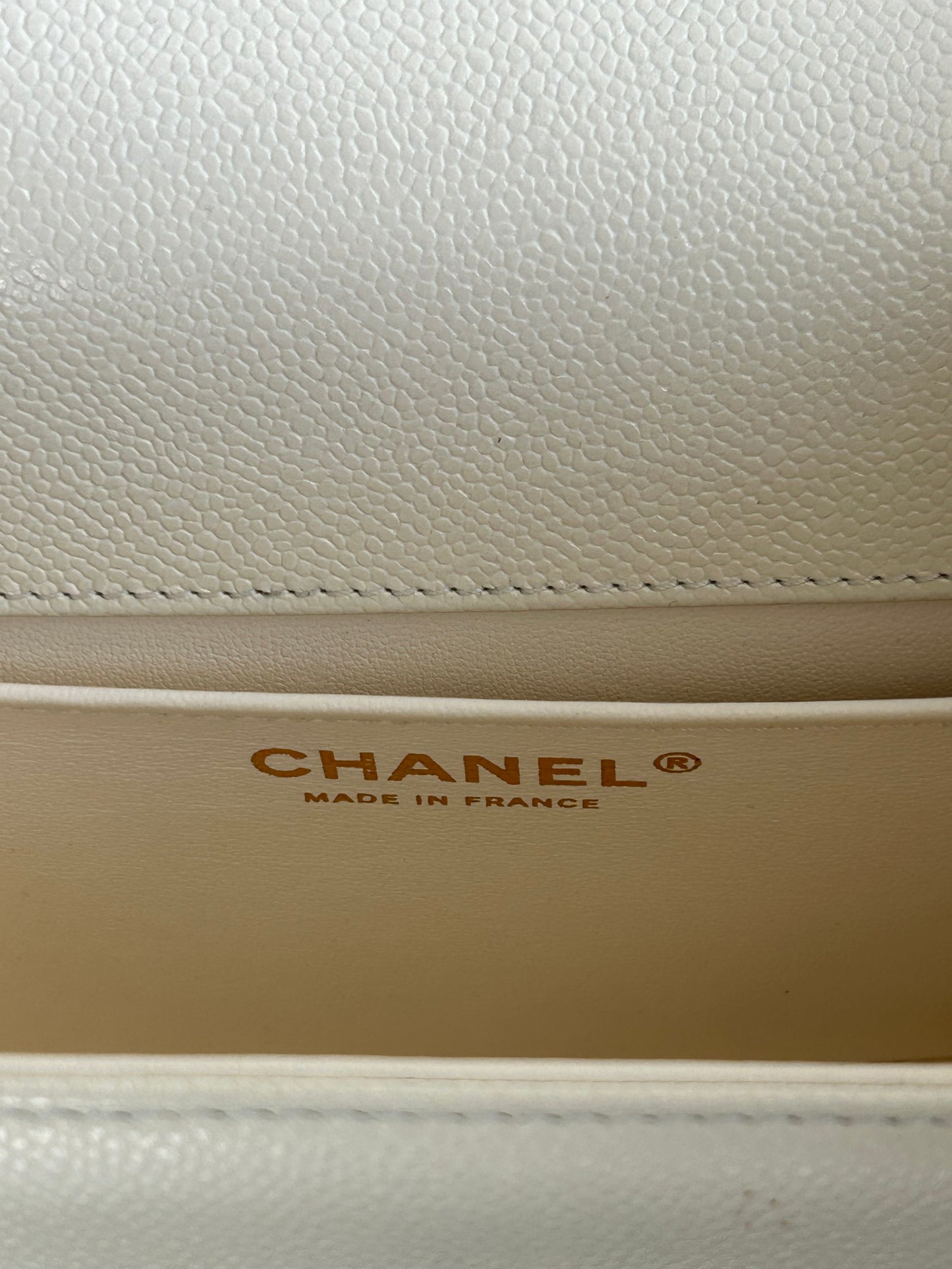 Chanel White Quilted Caviar Medium Boy Bag