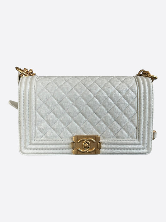 Chanel White Quilted Caviar Medium Boy Bag