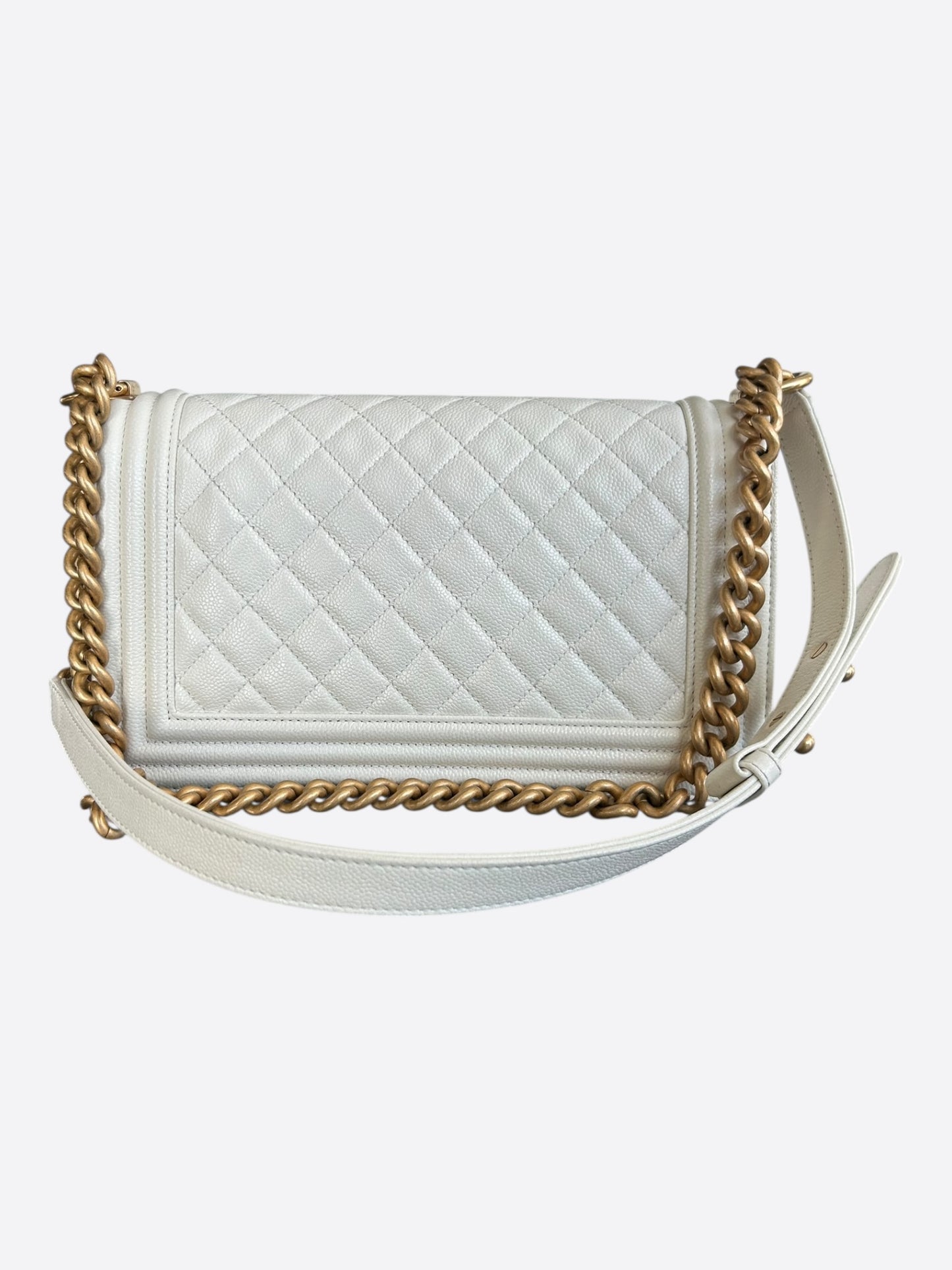 Chanel White Quilted Caviar Medium Boy Bag