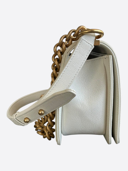 Chanel White Quilted Caviar Medium Boy Bag