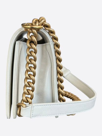 Chanel White Quilted Caviar Medium Boy Bag
