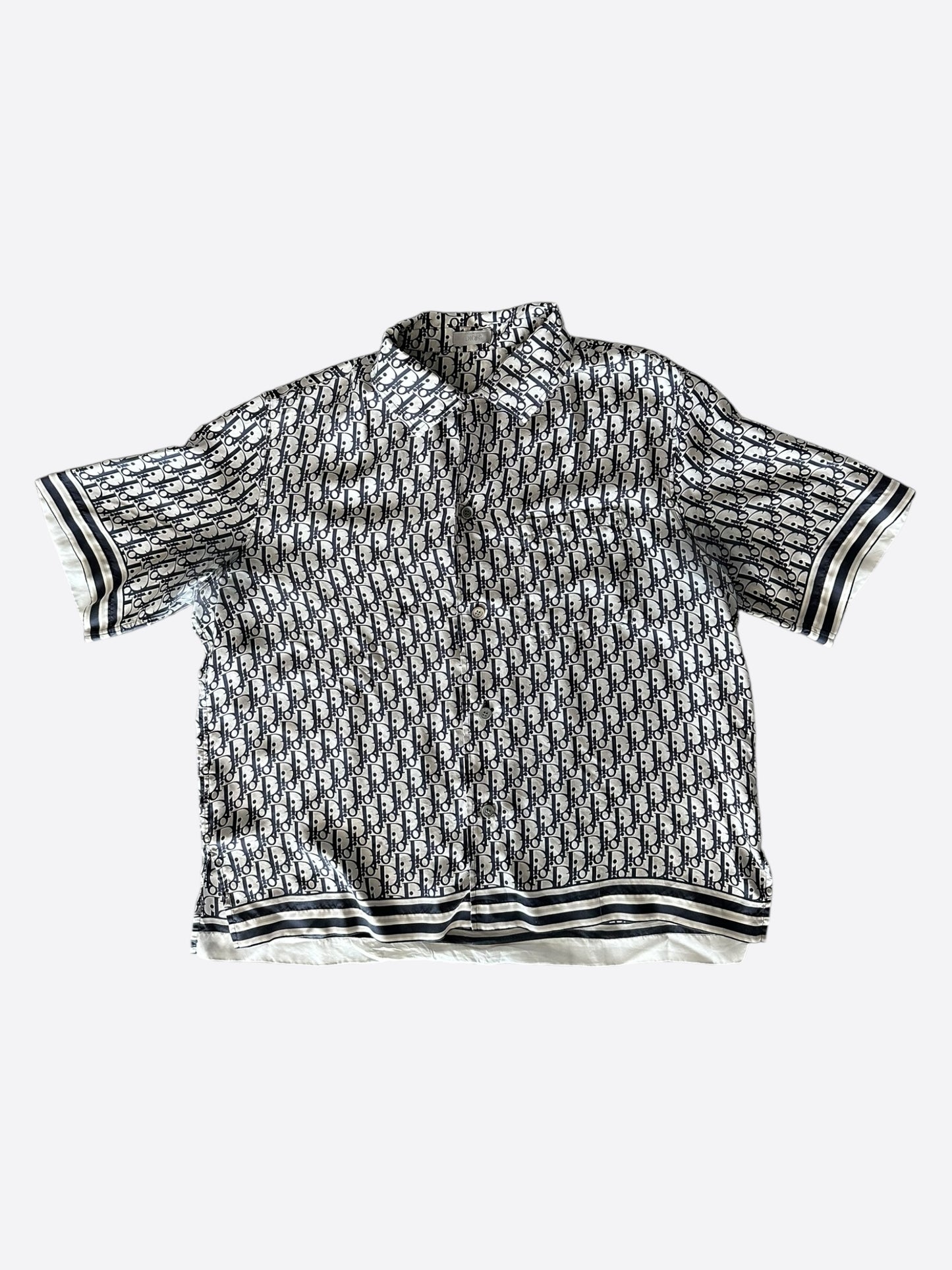 Dior White & Navy Oblique Silk Button Up Shirt