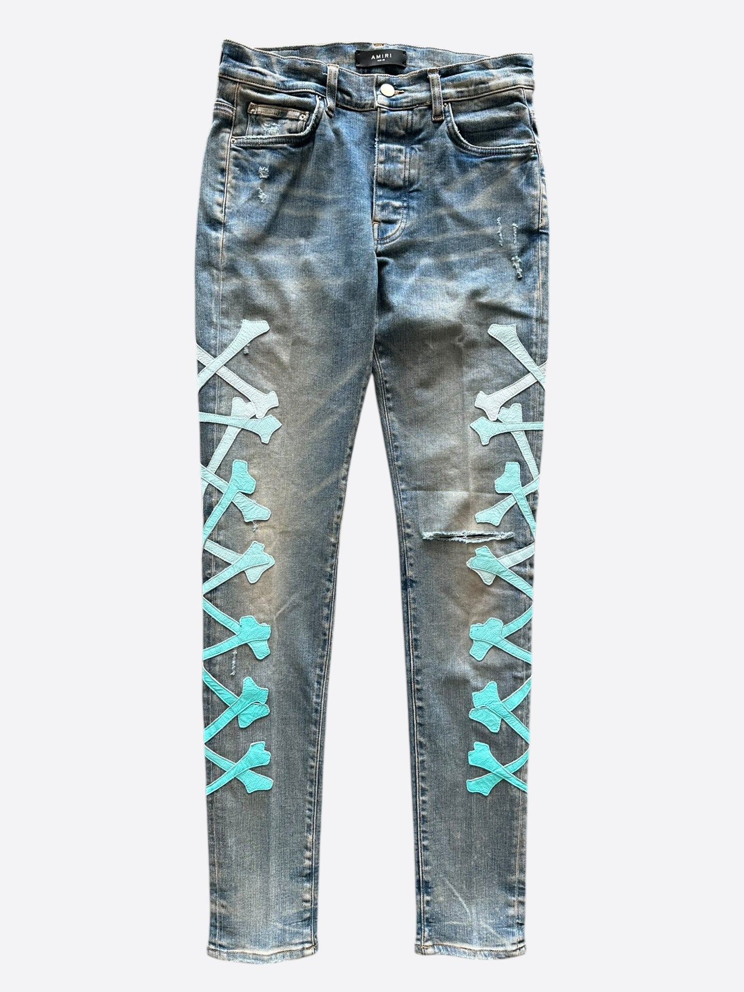 Amiri Blue & Turquoise Gradient Bones Applique Distressed Jeans