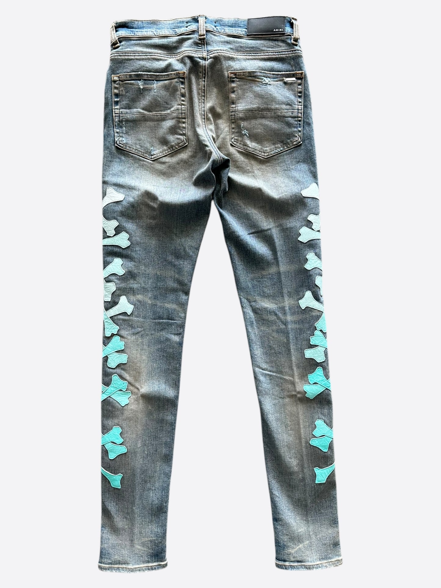 Amiri Blue & Turquoise Gradient Bones Applique Distressed Jeans