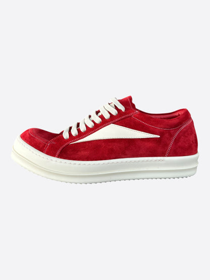 Rick Owens Red  & White Suede Vintage Low Top Sneakers