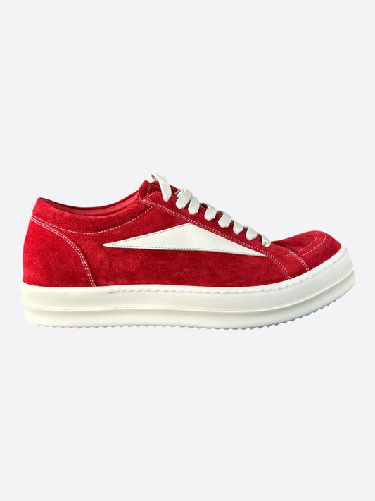 Rick Owens Red  & White Suede Vintage Low Top Sneakers