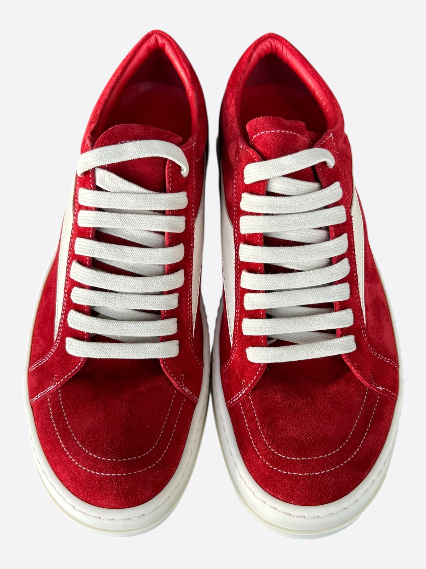 Rick Owens Red  & White Suede Vintage Low Top Sneakers