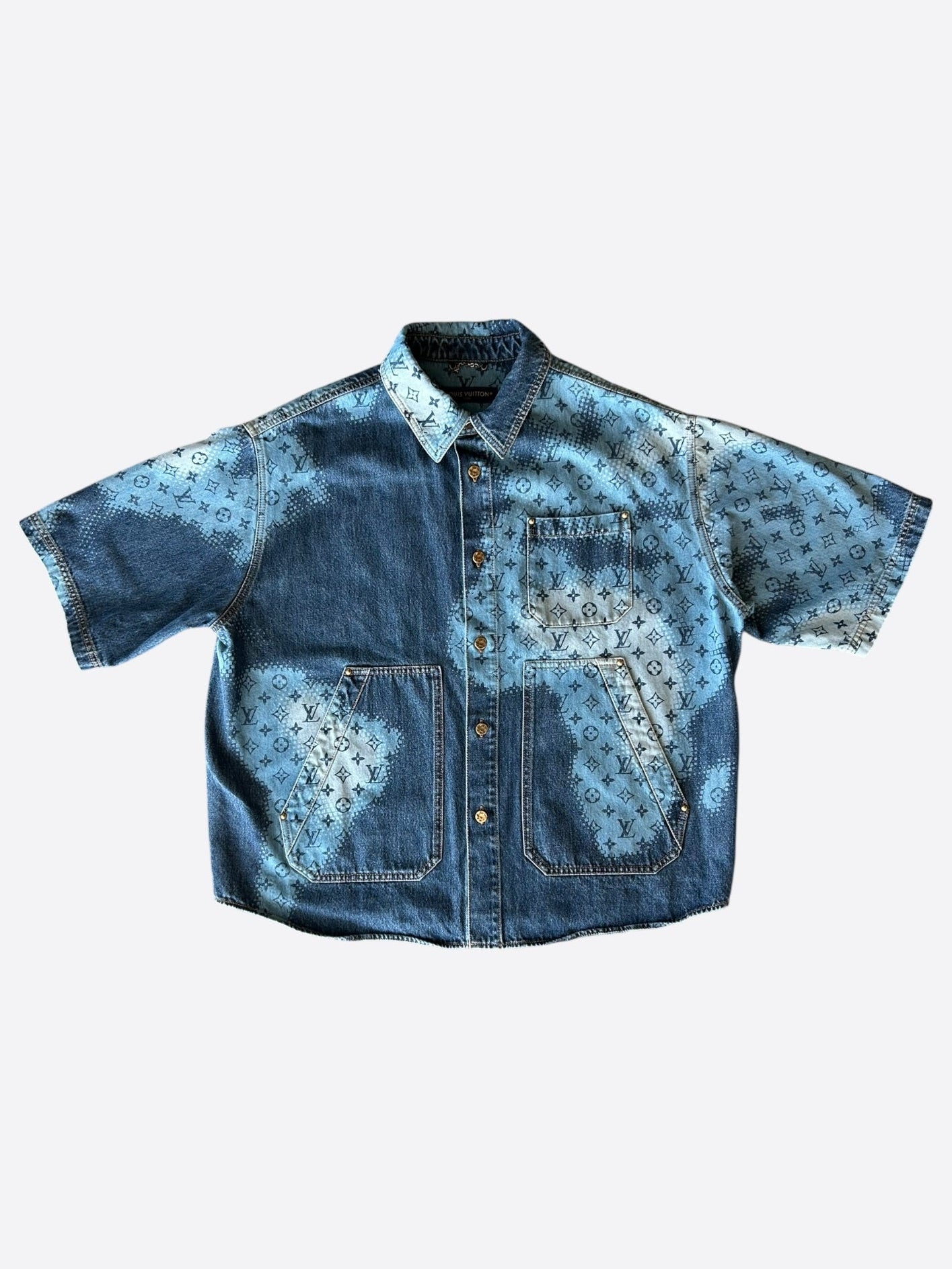 Louis Vuitton Blue Map Monogram Denim Button Up Shirt