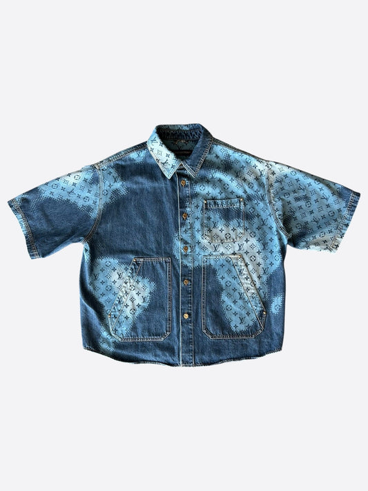 Louis Vuitton Blue Map Monogram Denim Button Up Shirt
