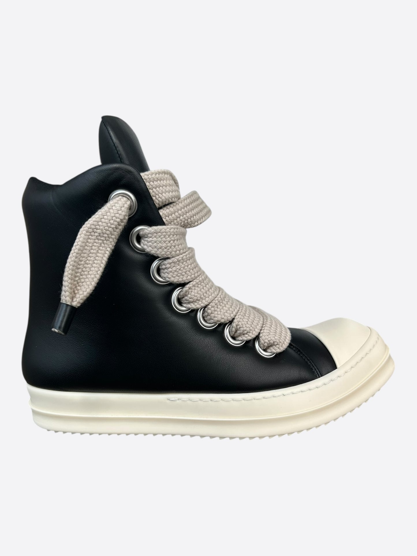 Rick Owens Black & White Leather Jumbo Lace High Top Puffer Sneakers