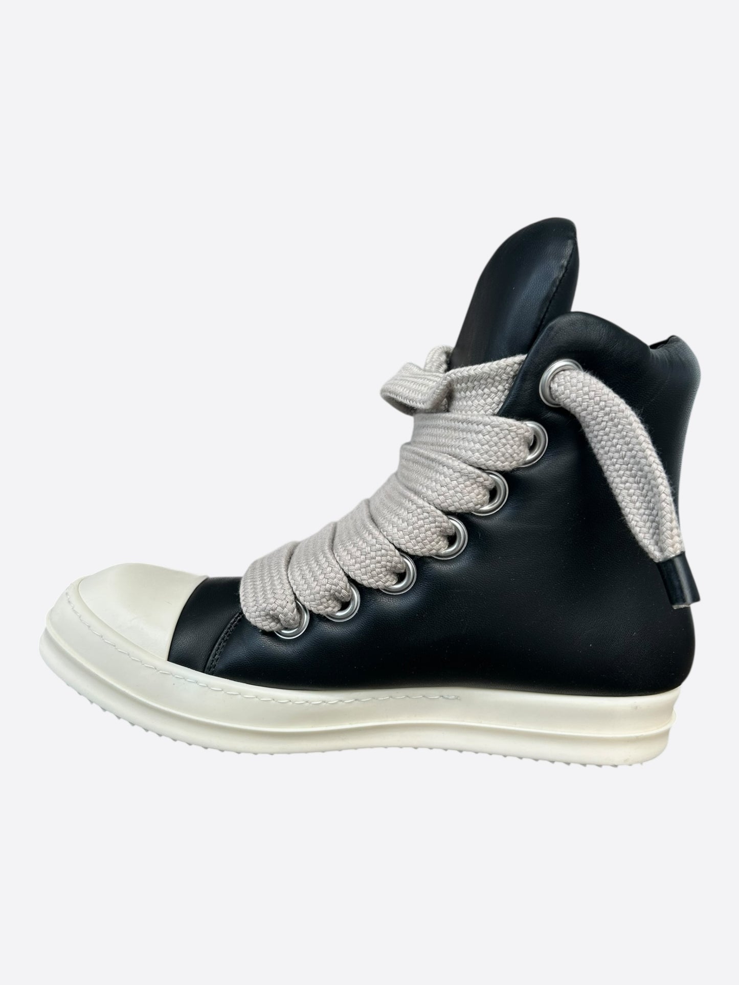 Rick Owens Black & White Leather Jumbo Lace High Top Puffer Sneakers
