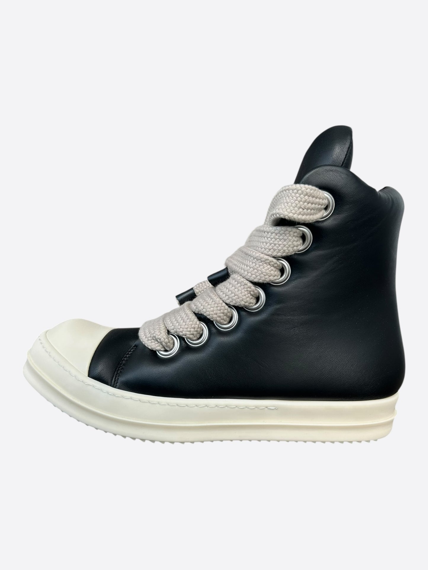 Rick Owens Black & White Leather Jumbo Lace High Top Puffer Sneakers
