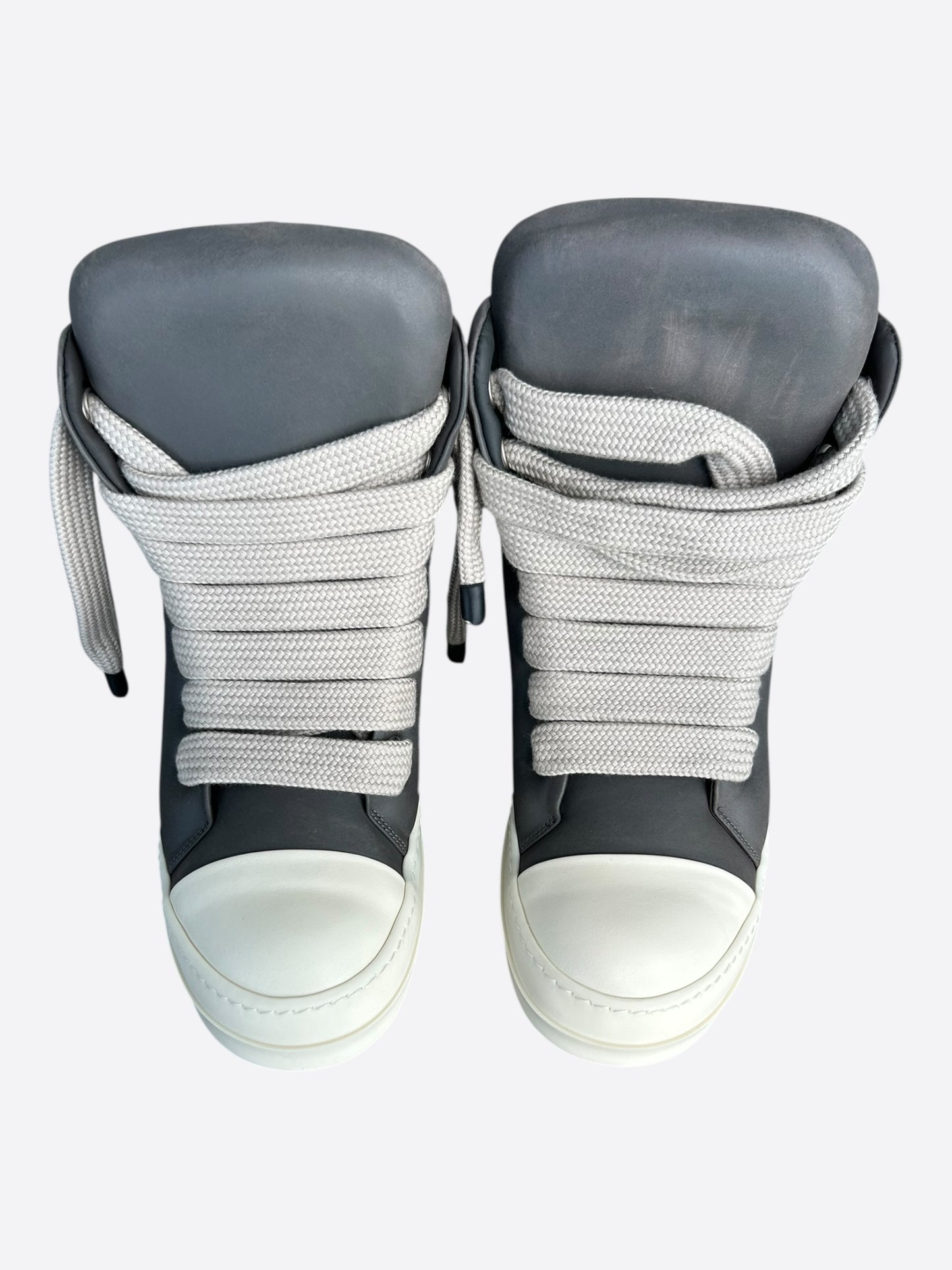 Rick Owens Grey & White Leather Jumbo Lace High Top Puffer Sneakers