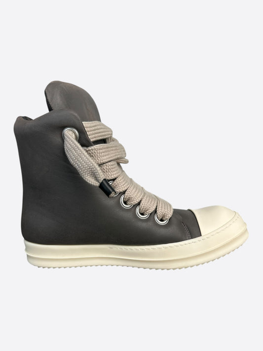 Rick Owens Grey & White Leather Jumbo Lace High Top Puffer Sneakers