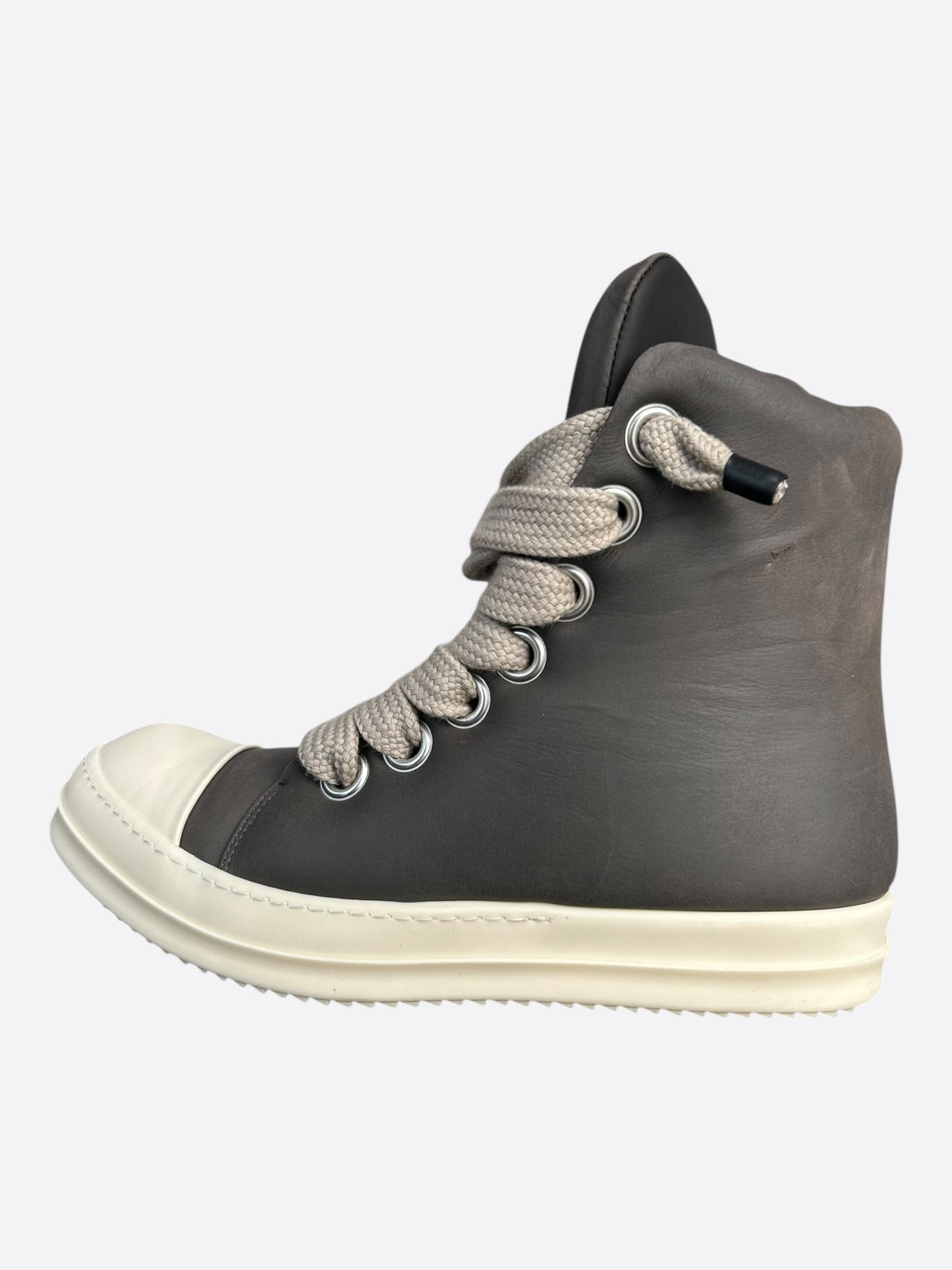 Rick Owens Grey & White Leather Jumbo Lace High Top Puffer Sneakers