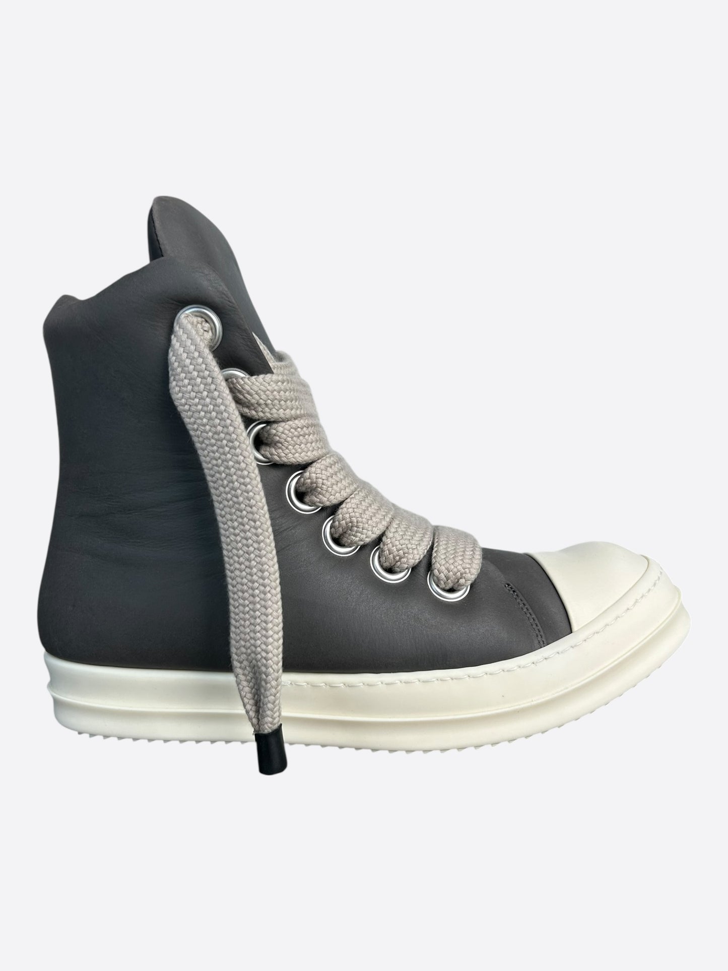Rick Owens Grey & White Leather Jumbo Lace High Top Puffer Sneakers
