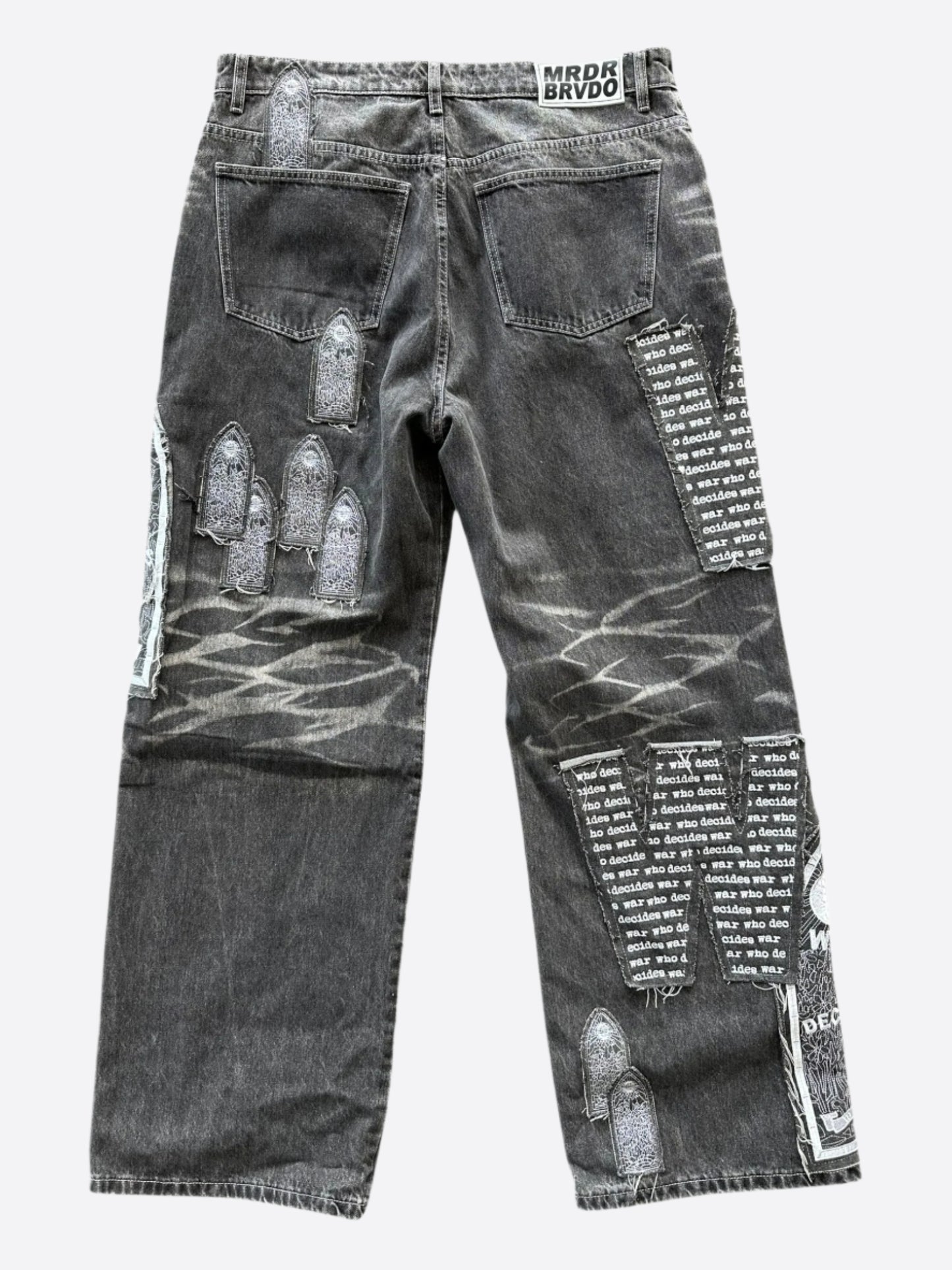 Who Decides War Grey & White Motif Patched Jeans