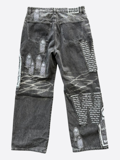 Who Decides War Grey & White Motif Patched Jeans