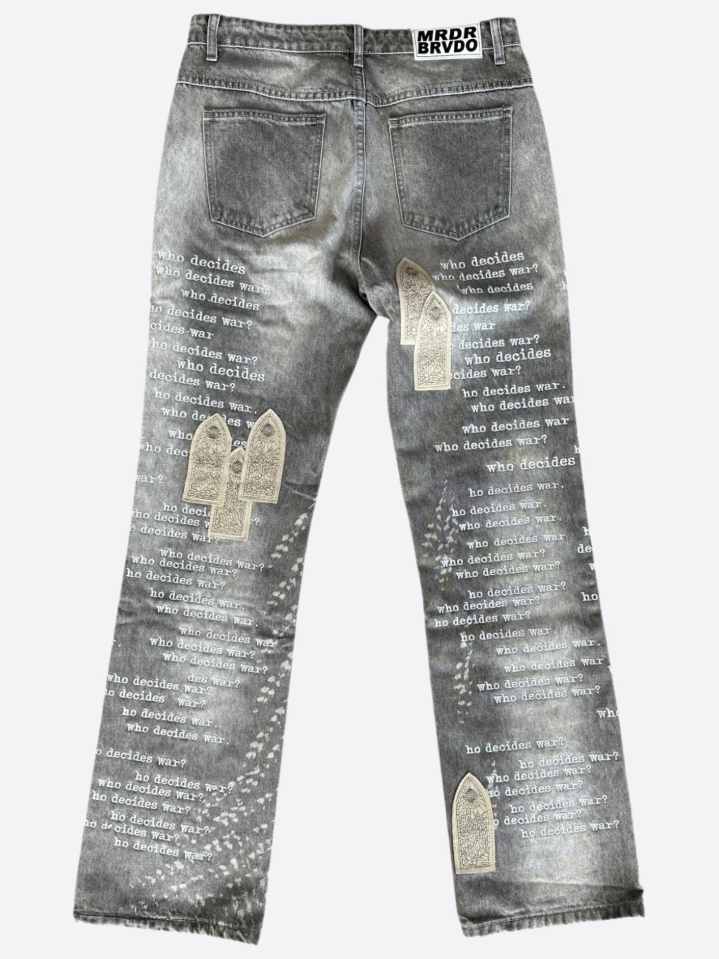 Who Decides War Grey Scripture Embroidered Jeans