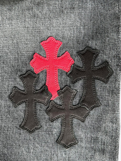 Chrome Hearts Grey Black & Red Cross Patch Jeans