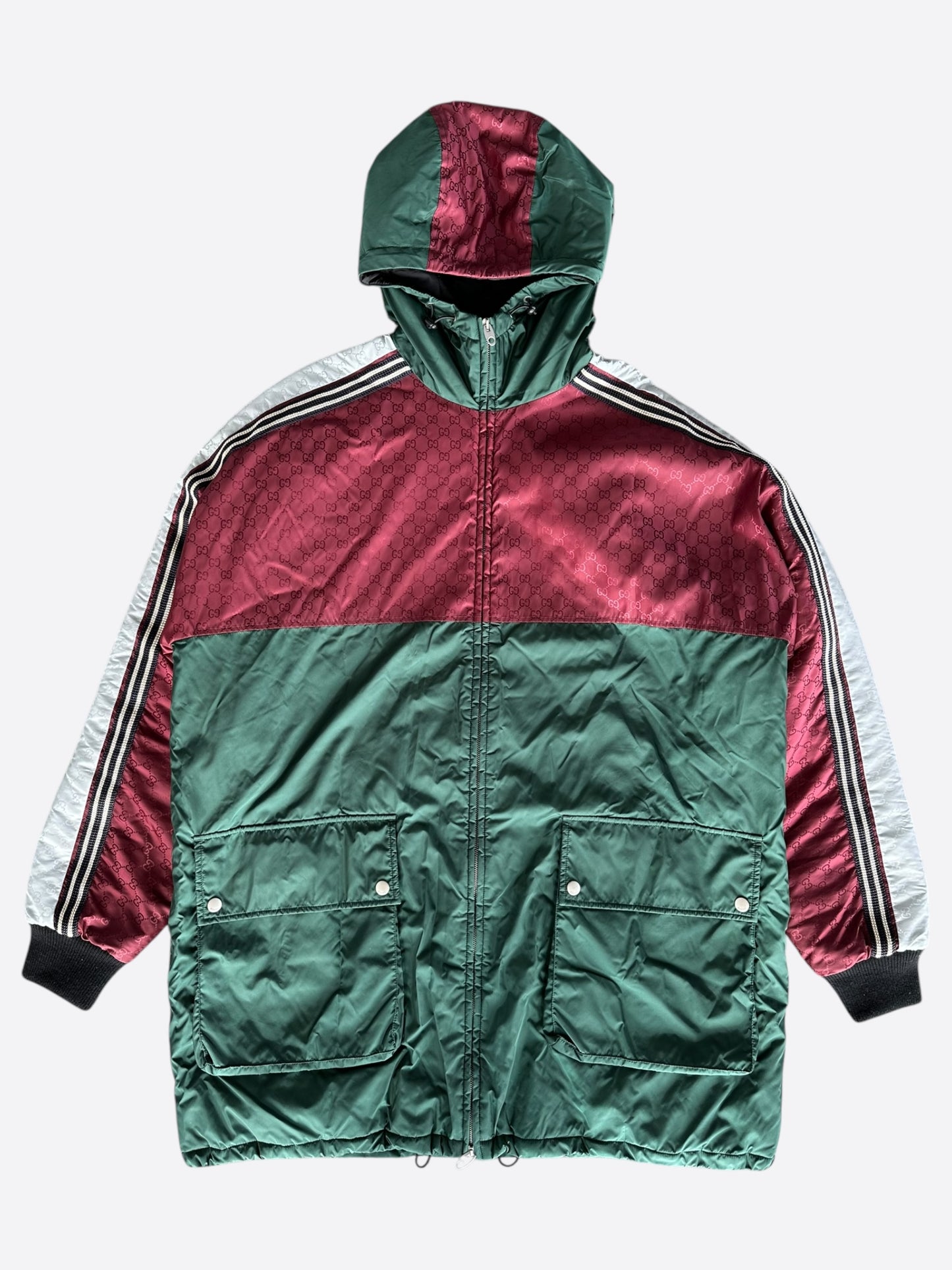 Gucci Green & Red GG Monogram Long Puffer Jacket