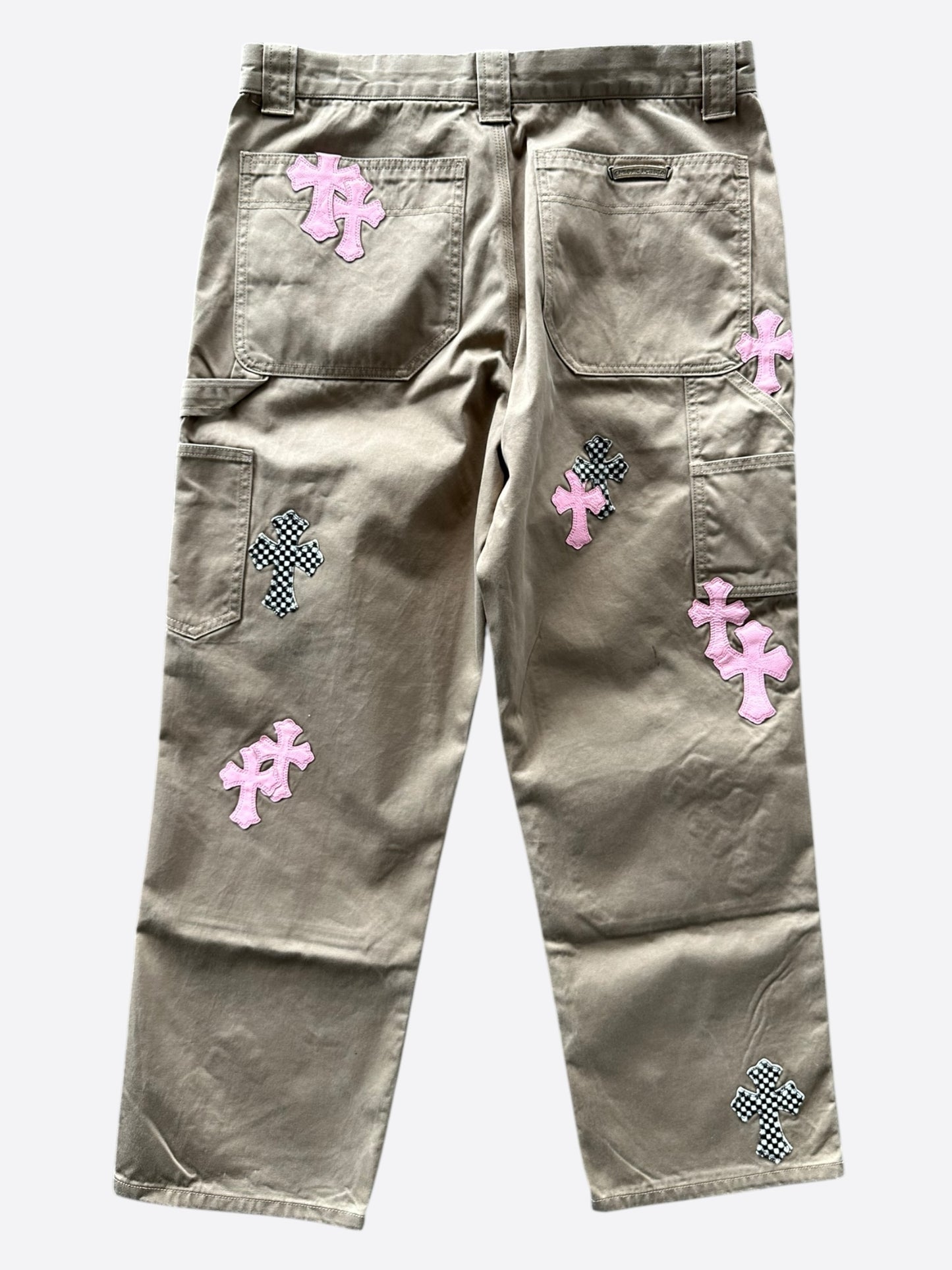 Chrome Hearts Tan Pink & Checkered Cross Patch Carpenter Pants