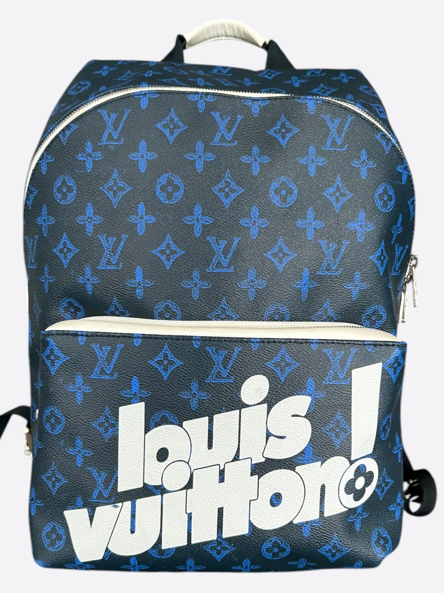louis vuitton blue and black diamond backpack Louis Vuitton Blue & White Monogram Everyday Logo Discovery Backpack – Savonches