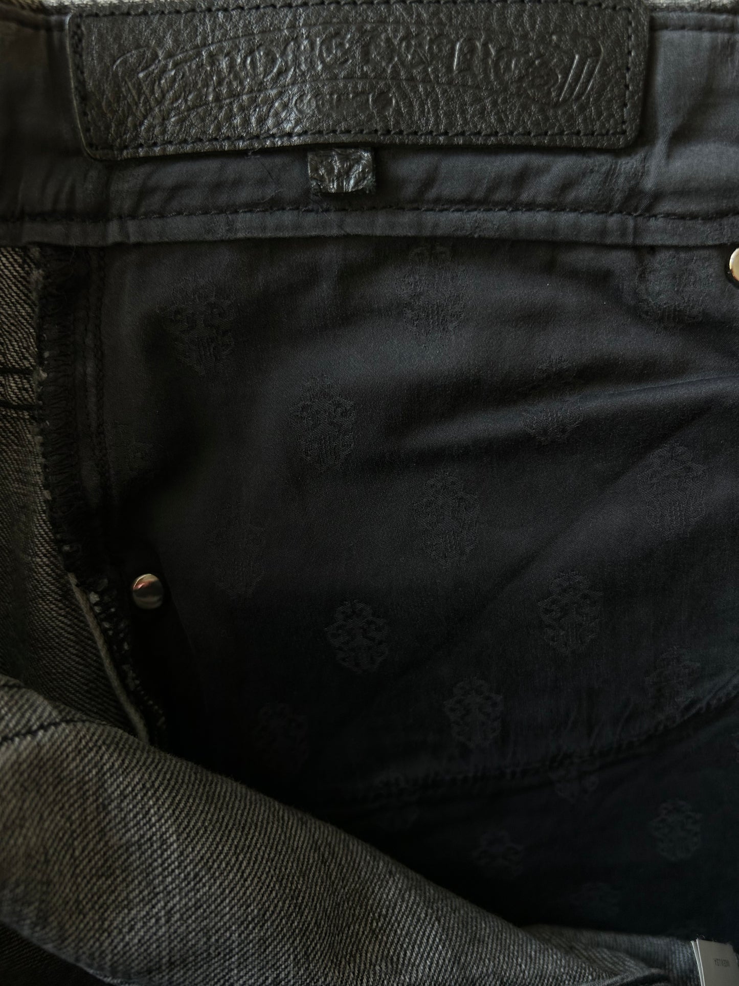 Chrome Hearts Grey, Black & White Cross Patch Fleur Jeans