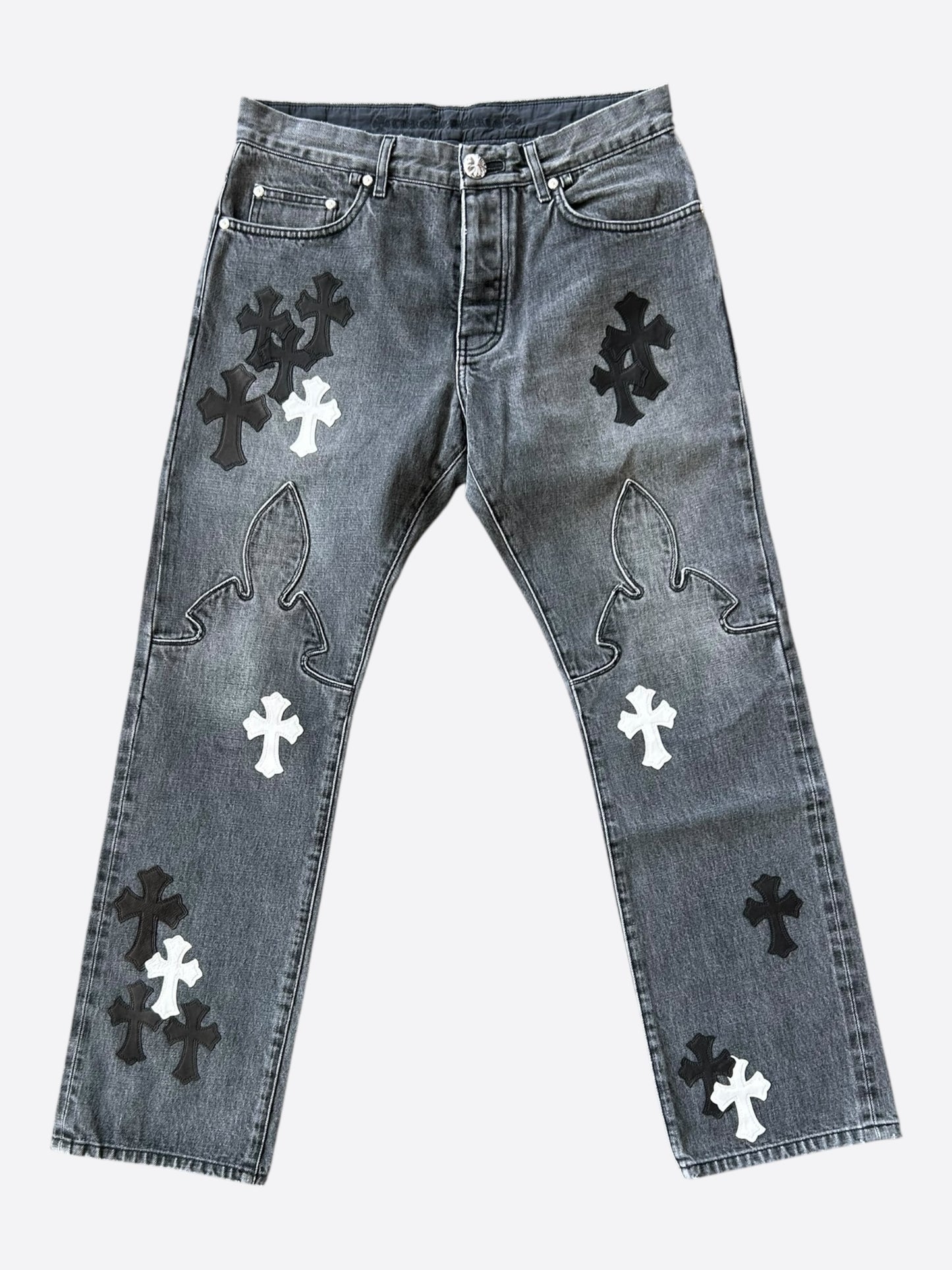Chrome Hearts Grey, Black & White Cross Patch Fleur Jeans