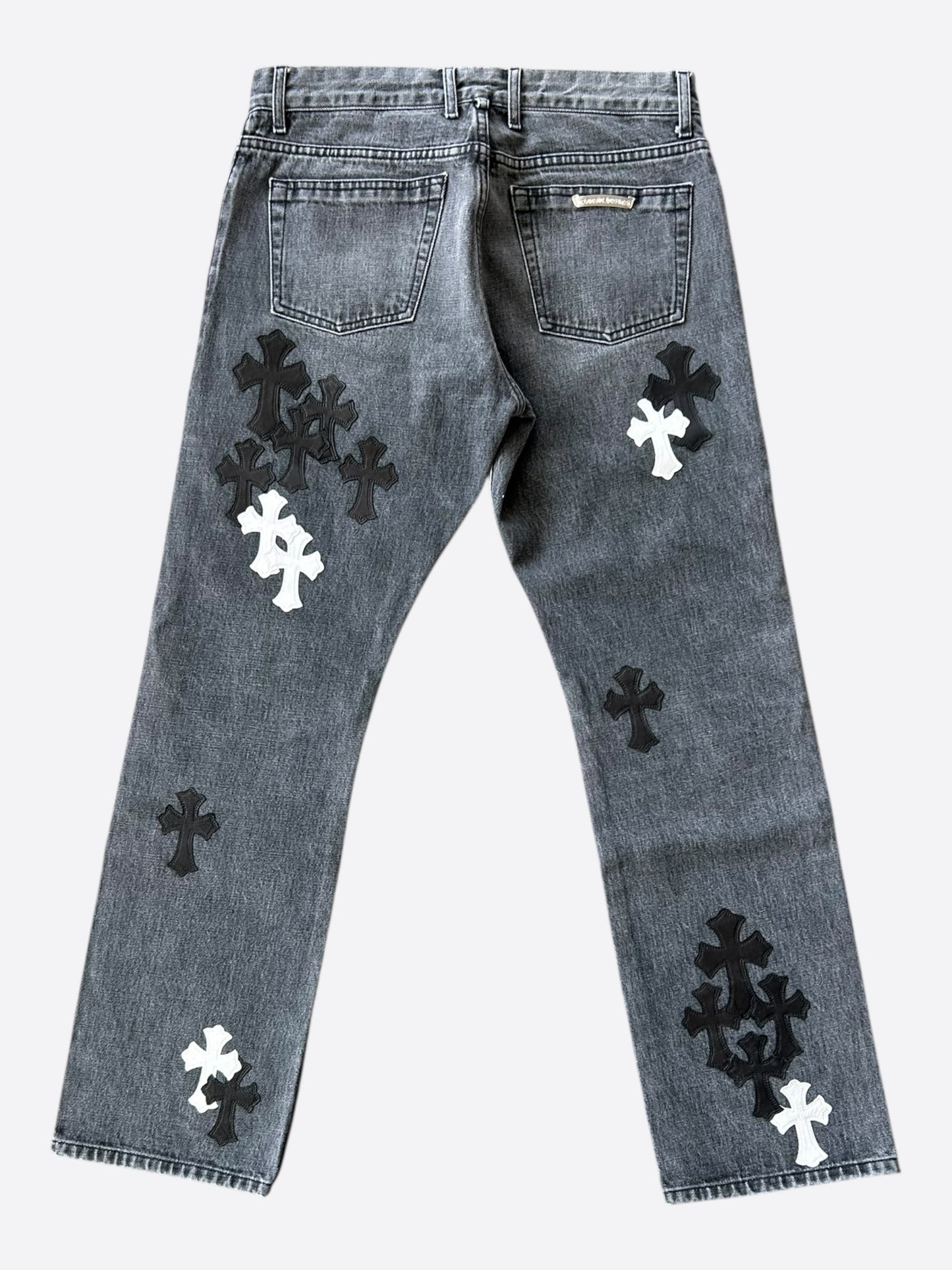 Chrome Hearts Grey, Black & White Cross Patch Fleur Jeans