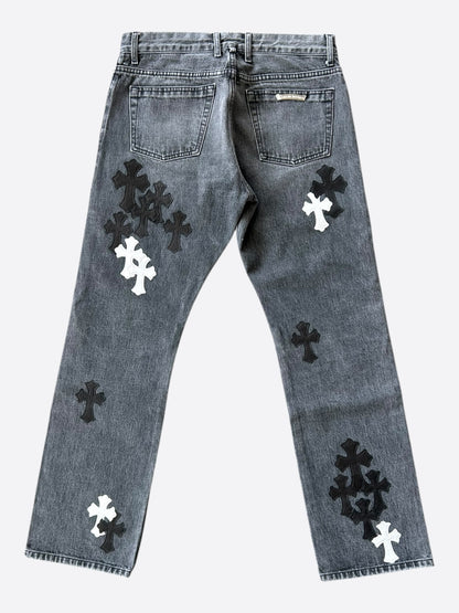 Chrome Hearts Grey, Black & White Cross Patch Fleur Jeans