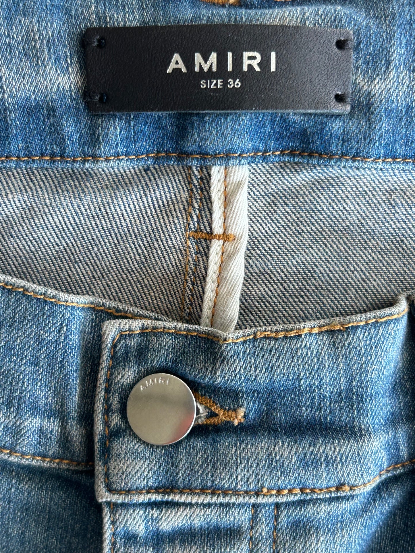 Amiri Clay Indigo Red Leather Core Applique Logo Jeans