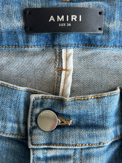 Amiri Clay Indigo Red Leather Core Applique Logo Jeans