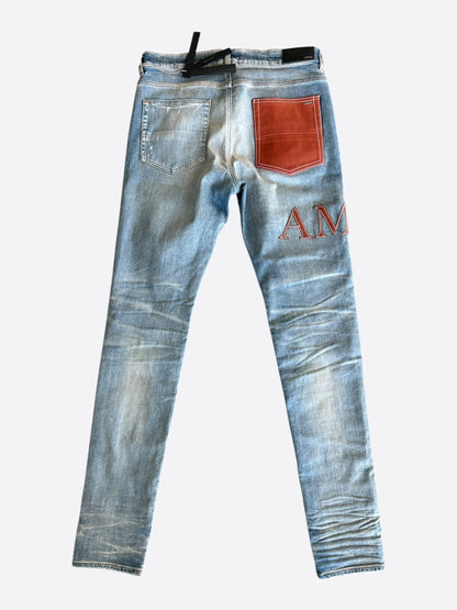 Amiri Clay Indigo Red Leather Core Applique Logo Jeans