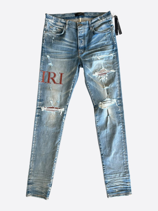 Amiri Clay Indigo Red Leather Core Applique Logo Jeans