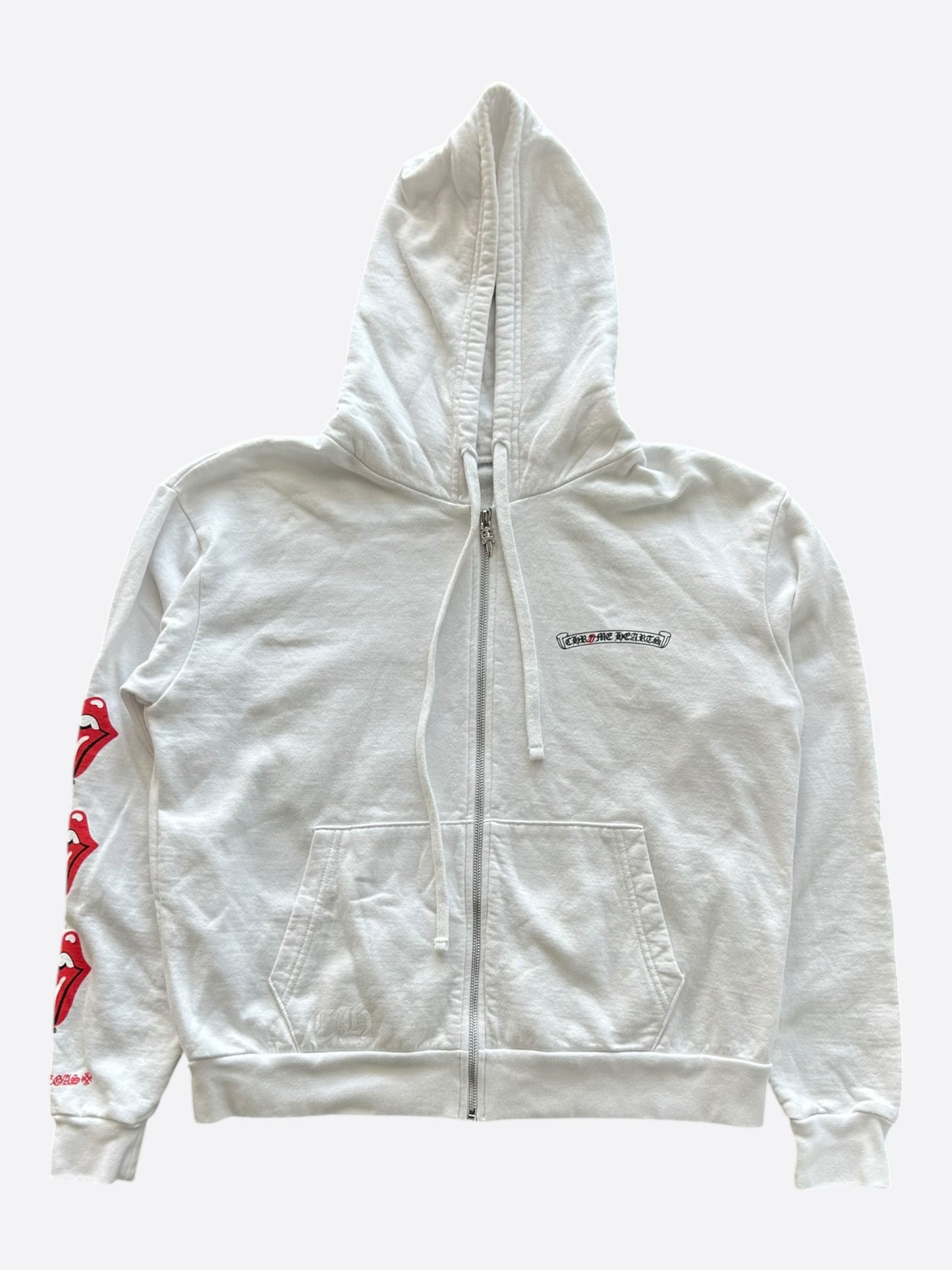 Chrome Hearts White & Red Rolling Stones Scroll Logo Zip Up Hoodie