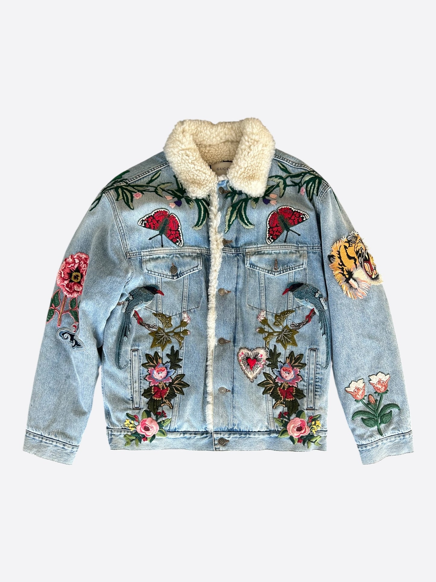 Gucci Blue Patches Embroidered Sherpa Denim Jacket