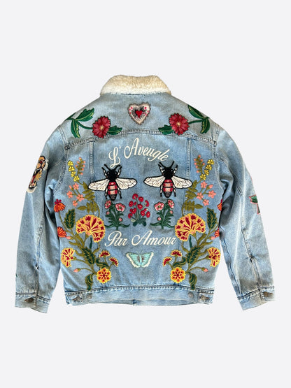 Gucci Blue Patches Embroidered Sherpa Denim Jacket